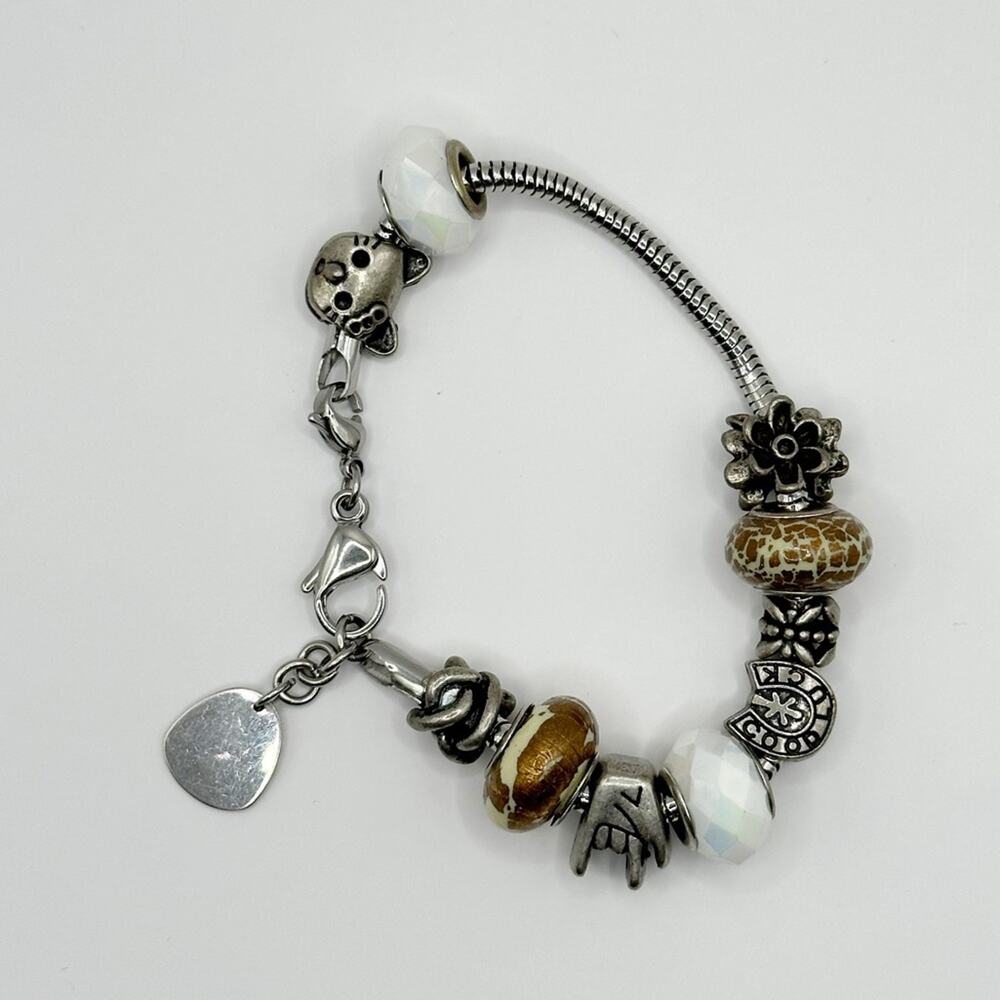 Cloe Silver tone Charm Bracelet Cat Horseshoe Good Luck Hand Beads Jewelry